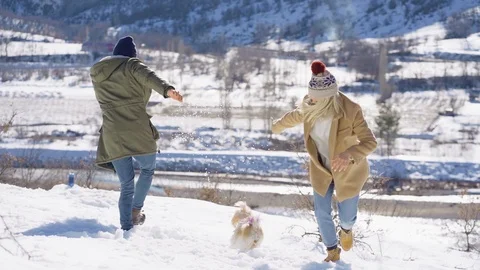 Young beautiful couple having fun with small active dog on a snowy hill Stock Footage 124878320