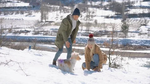 Young beautiful couple having fun with small active dog on a snowy hill Stock Footage 125279231