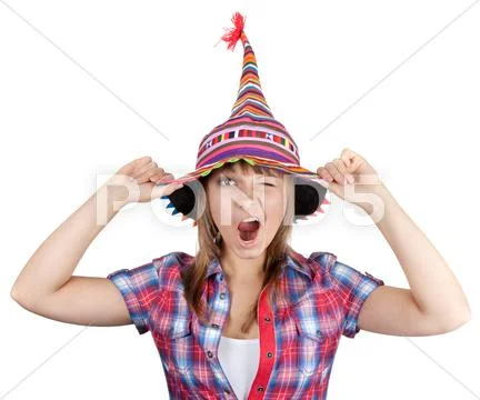 Young beautiful girl in colour hat Stock Photos