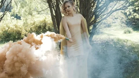 Young beautiful model posing in forest. Fashion. Photo session. Slow motion Stock Footage 76293114