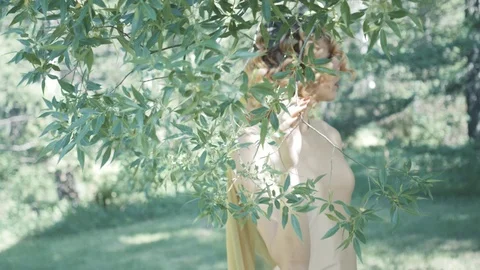 Young beautiful model posing in forest. Photo session. Fashion. Slow motion Stock Footage 76293190