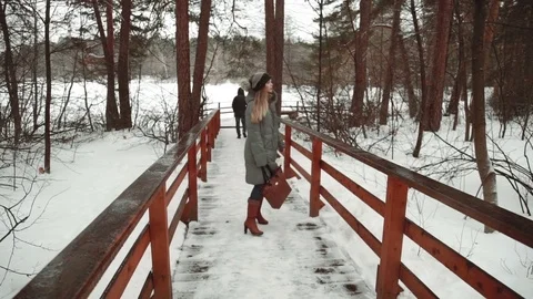 Young beautiful model posing over winter forest. Stylish fashion portrait Stock Footage 73663056