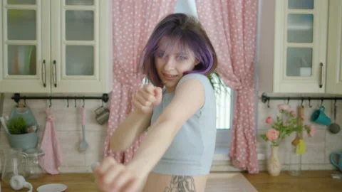 Young Beautiful Woman Dancing Kitchen At Home Stock-Footage 154816548