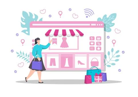 Young Beautiful Woman Using a Computer at Home Online Shopping Flat Design fo Stock Illustration