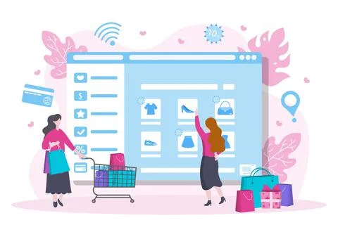 Young Beautiful Woman Using a Computer at Home Online Shopping Flat Design fo Illustrazione stock