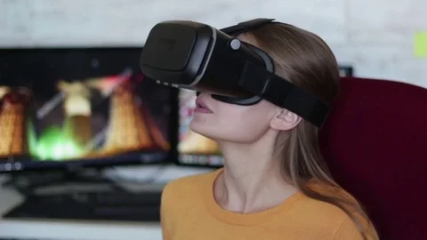 Young beautiful woman using vr headset Stock Footage 70715744