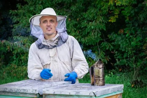 Young beekeeper working in the apiary. Professional beekeeper working outdoors Stock Photos