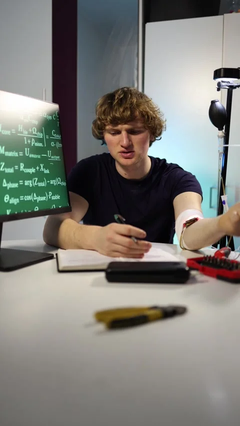 Young biohacker testing experimental wearable sensors at home Stock Footage 323270443