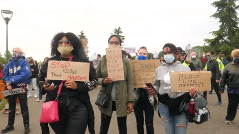 Young, black and white protesters with protest signs at Black Lives Matter rally Stock Footage 132506911