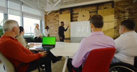 Young Black Creative Giving Presentation to Diverse Business Team - Medium Dolly Stock Footage 129030479