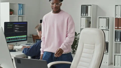 Young Black Male Developer Checking in on Trainee Working in Office Stock Footage 330130166