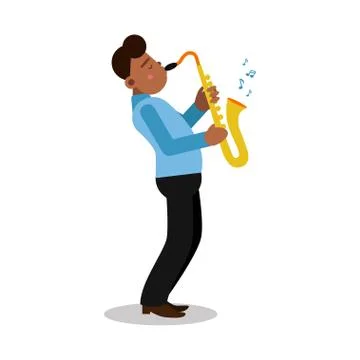 Young black man playing sax cartoon character, saxophone player vector Stock Illustration