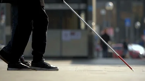 Young blind man walking on sidewalk with his friend Stock Footage 121438176