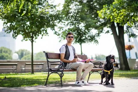 Young blind man with white cane and guide dog sitting in park in city. Fotos de archivo