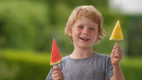 Young Blond Boy Eating Red and Yellow Watermelon on Stick Stock Footage 93782377