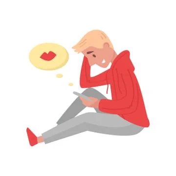 Young blond guy sitting with mobile phone in hand. Teenager boy reading love Stock Illustration