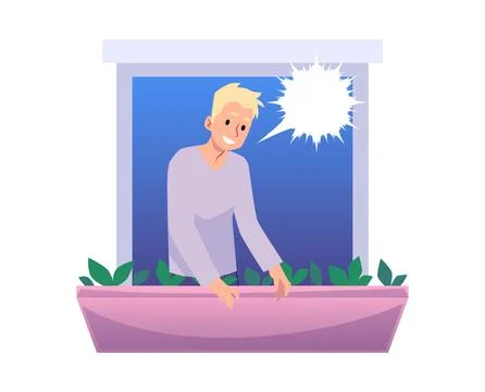 Young blond man in open house window talking and reaching out to neighbor Ilustración de archivo