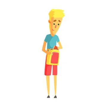 Young blond man standing with his backpack. Colorful cartoon character Ilustración de archivo