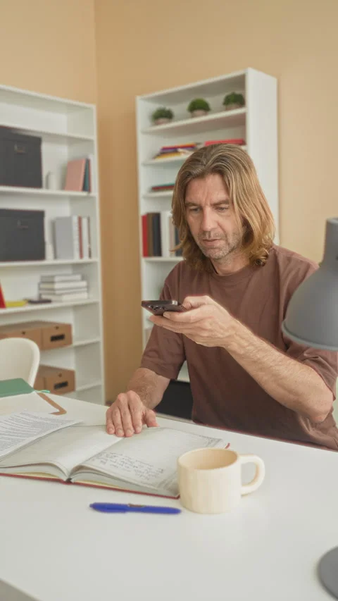 Young blond man student holds smartphone over open book with hand on page a.. Stock Footage 337375067