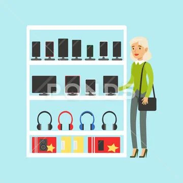 Young blond woman choosing digital tablet at appliance store colorful vector Stock Illustration
