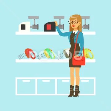 Young blond woman choosing a meat grinder in home appliance store colorful Stock Illustration