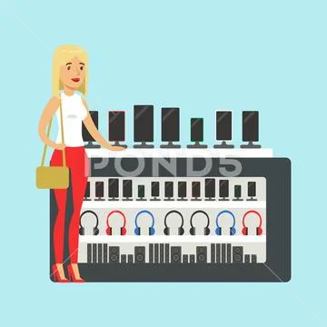 Young blond woman choosing a new mobile phone at appliance store colorful vector Stock Illustration