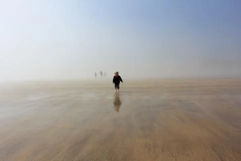 Young blonde boy running from family towards camera on beach Stock Photos