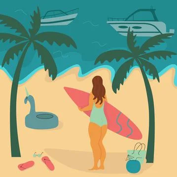 Young body positive woman with surfboard on beach. Summer vacation seaside Stock Illustration