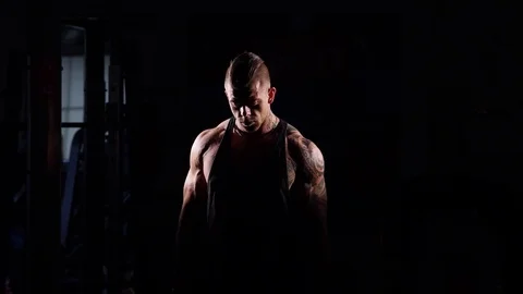 Young bodybuilder training in a gym with dumbbels. 60 to 24fps 4K Vídeo Stock 74338331