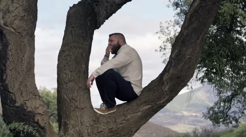 Young, bored  man yawning while sitting on the tree in the country HD Video stock 57384092