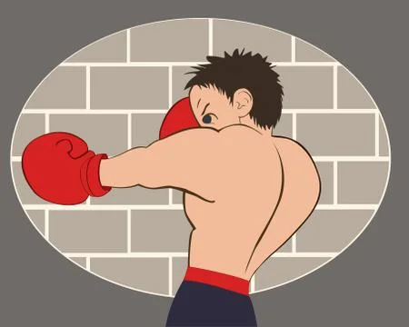 Young boxer in blue shorts trained against a brick wall Stock Illustration