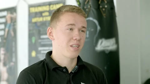 Young boxer is interviewed in the ring Video stock 141265510