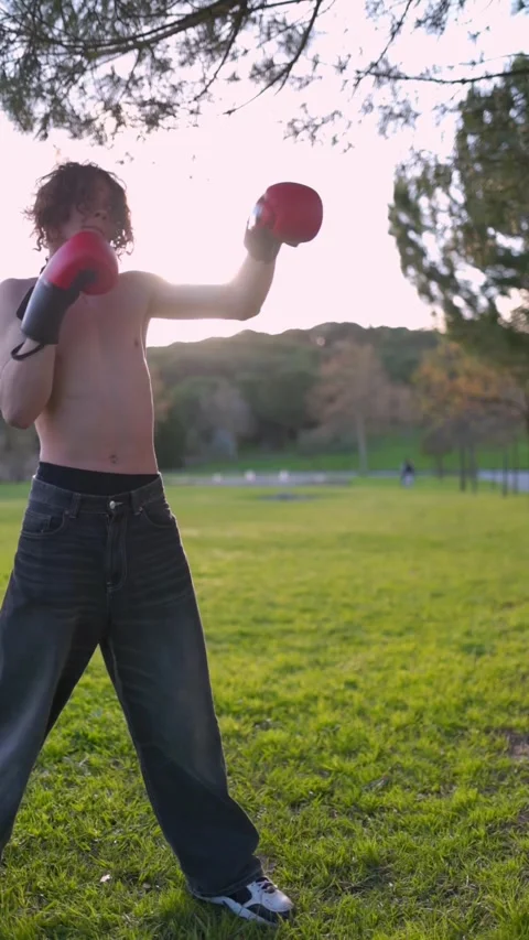 Young boxer practicing punches in a park Stock Footage 316958149
