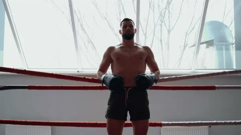 The young boxer is supported by the ropes of the ring, displays a well-worked Vídeo Stock 156507840