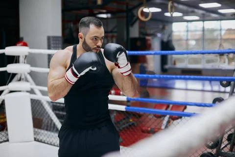 Young boxer training alone on the ring Stock Photos
