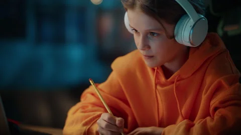 Young Boy Attending Online Class on Laptop Computer at Home Video stock 157108750