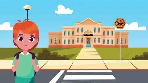 A young boy with a backpack stands on a sidewalk, a school building and cro.. Vídeos de archivo 334263611