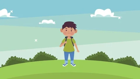 Young boy with backpack stands in a vibrant green field with a clear blue s.. Video stock 338993366