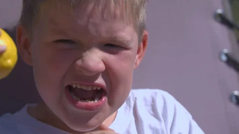 Young Boy Biting into a Lemon Stock Footage 94397936