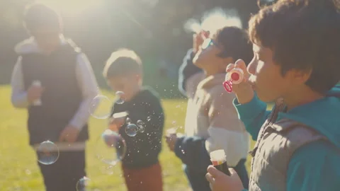 Young boy blowing soap bubbles with friends in a sunny park Stock Footage 330197923