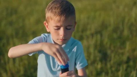 Young Boy Blows Soap Bubbles in Nature on a Bright Summer Day Stock Footage 311574987