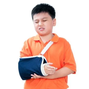 Young boy with broken hand in plaster cast Stock Photos