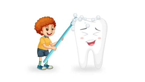 Young Boy Brushing Cartoon Tooth with Toothbrush Animation Stock Footage 315196818