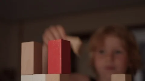 Young boy builds block construction at home 스톡 동영상 89105454