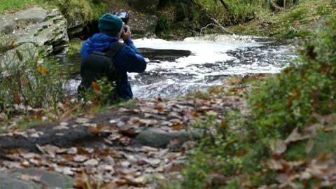 Young boy, camera and tripod, capturing the peaceful autumn-winter woodland.. Stockbeeldmateriaal 254802398