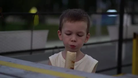 Young boy carefully examining and holding a hot dog outdoors Video stock 341409978