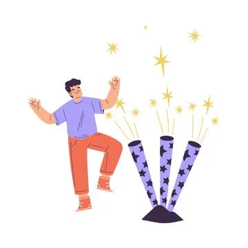 Young Boy Character Setting Off Firework Vector Illustration Stock Illustration
