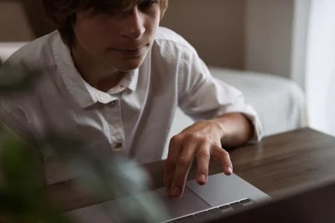 Young boy concentrating on e-learning and online homework, sitting at a des.. Fotos de archivo