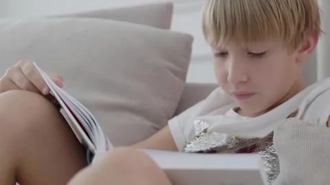 A young boy on a couch reading a book out loud. Small kid reading a book. Stock Footage 303047282