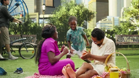 Young boy dancing and having fun with parents on checkered blanket Stock Footage 341406604